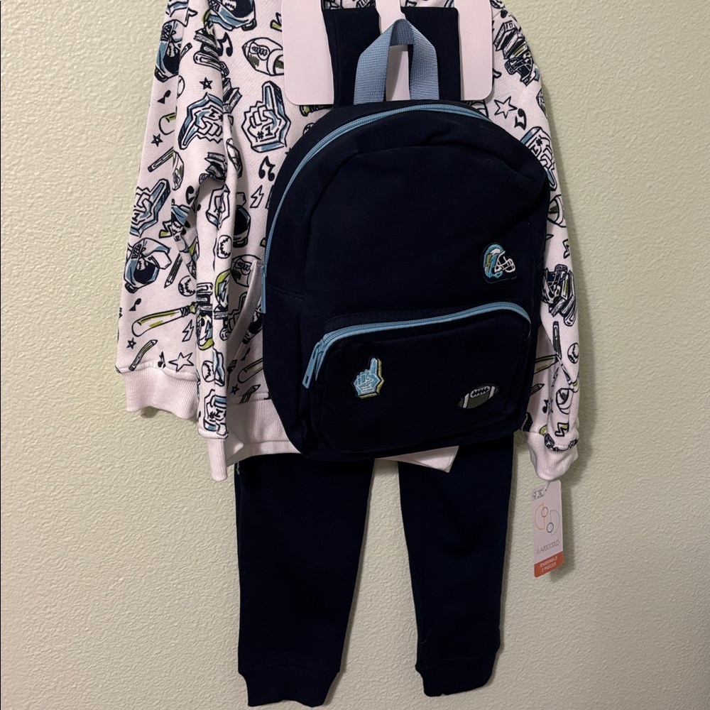 Flapdoodles Sports 3 Piece Set Sweatsuit Jogger Hoodie Navy Backpack Fun Patches